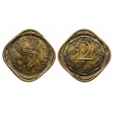 George VI, Brass Nickle, 2 Annas, 1944, Lahore Mint, Type II, No Dots by year. L raised in