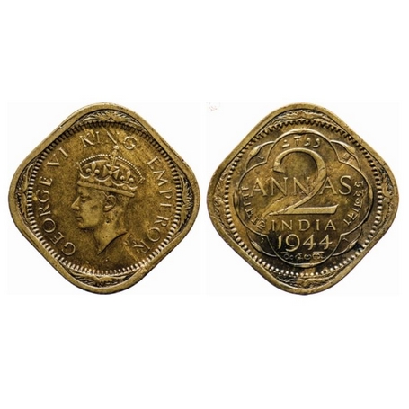 George VI, Brass Nickle, 2 Annas, 1944, Lahore Mint, Type II, No dots by year. L raised in