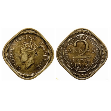 George VI, Brass Nickle, 2 Annas, 1944, Lahore Mint, Type II, No dots by year. L raised in
