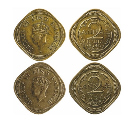 George VI, Brass-Nickel, 2 Annas, 1945 (2 Coins), Bombay Mint, 1) Head type II, Dots by ye