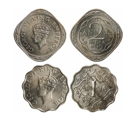 George VI, Copper-Nickel, 2 Annas & 1 Anna (2 Coins), 1946, 1) Calcutta Mint, Head Type II