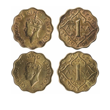 George VI, Brass-Nickel, 1 Anna (2 Coins), 1943, Bombay Mint, 1) Head Type II, Dot, normal