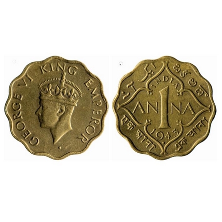 George VI, Brass-Nickel, 1 Anna, 1943, Bombay Mint, Head Type II, Dot, Large numeral 3. GK