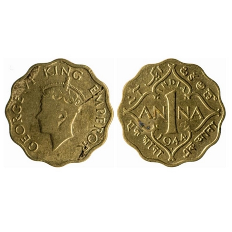 George VI, Brass-Nickel, 1 Anna, 1944, Bombay Mint, Dot. GK 1393. Fine+, Scarce.