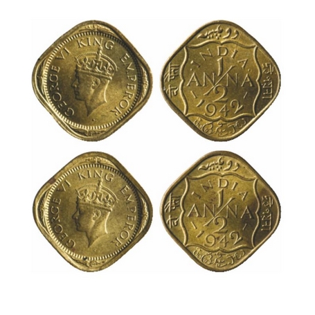 George VI, Brass-Nickel, ½ Anna, 1942 (2 Coins), Bombay Mint, 1) Dots by INDIA dashes by y