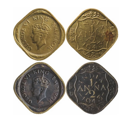 George VI, Brass-Nickel, ½ Anna (2 Coins), 1943, Calcutta Mint, Dots by India, dashes by y