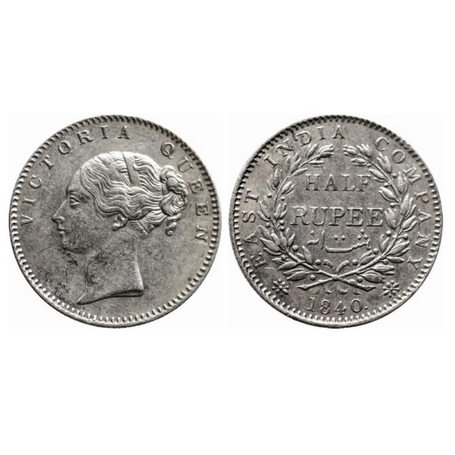 Victoria Queen, Silver, ½ Rupee, 1840, Continuous Legend, Bombay Mint, A/I, 19 Berries (9L