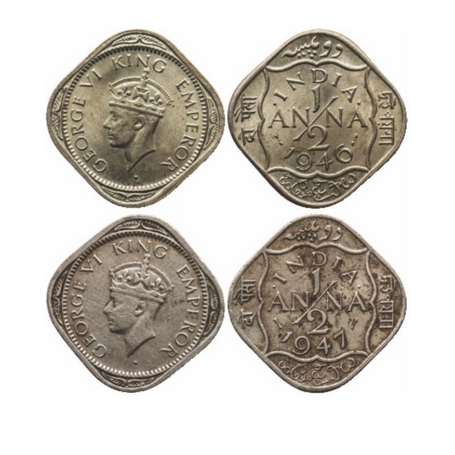 George VI, Copper Nickel, ½ Anna (2 coins), 1946, Bombay Mint, Dots by India, dash-dot-das