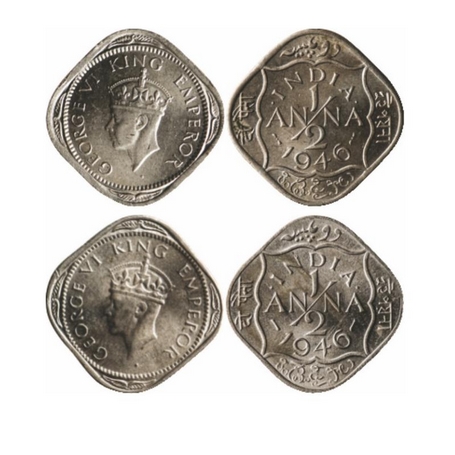 George VI, Copper-Nickel, ½ Anna (2 Coins), 1946 Lahore/Calcutta. 1) Dots by INDIA, Dashes