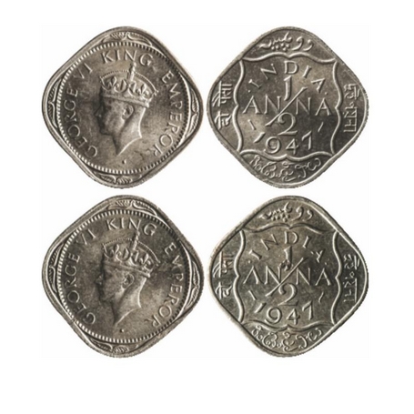 George VI, Copper-Nickel, ½ Anna (2 Coins), 1947 Lahore/Calcutta Mint, 1) Dots by INDIA, D