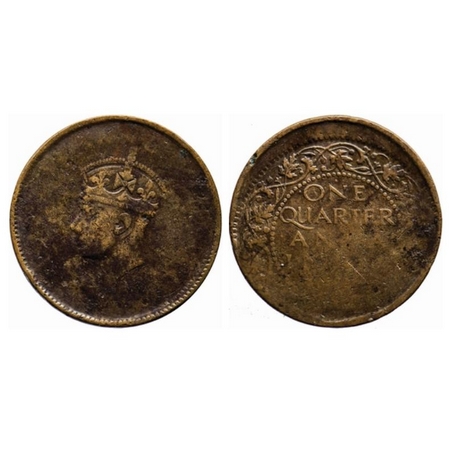 George VI, Bronze, Quarter Anna, Die shift, Date unseen not clear. Fine+, Scarce.