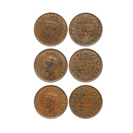 George VI, Bronze, Quarter Anna (3 Coins), Bombay Mint, 1938, Type I. A) No dots by ONE, B