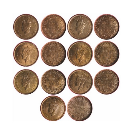 George VI, Bronze, Quarter Anna (7 Coins), 1938 Bombay Mint Head Type I, Dot, 1939 Bombay 