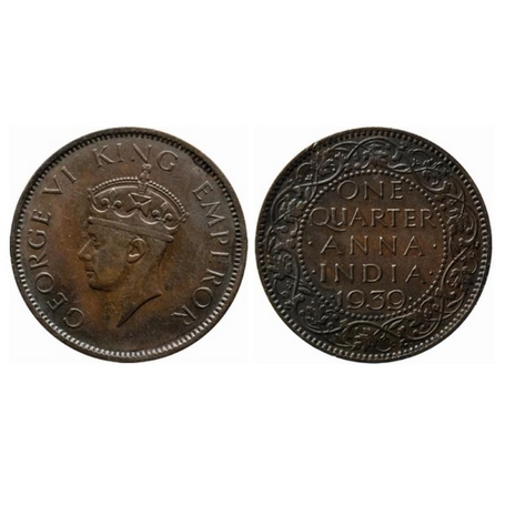 George VI, Bronze, Quarter Anna, 1939, Calcutta Mint , II Head, No dot. GK 1424. Very Fine