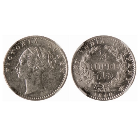 Victoria Queen, Silver, ¼ Rupee, 1840, Continuous Legend, Calcutta Mint, A/4, (19L + 15R b