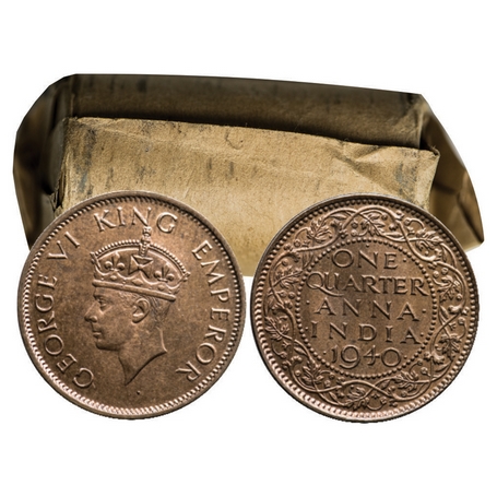 George VI, Bronze, Quarter Anna (Roll of 32 Coins), 1940, Bombay Mint, Type II. GK 1426. P