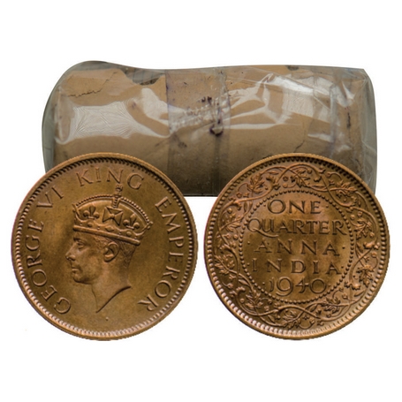 George VI, Bronze, Quarter Anna, 32 Coin Roll (paper roll is torn), 1940, Calcutta Mint, T