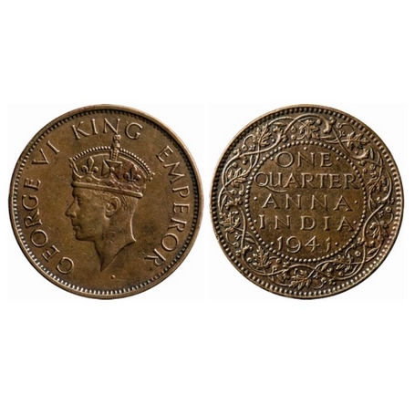 George VI, Bronze, Quarter Anna, 1941, Bombay Mint, Head Type II, Dot. GK 1428. Extremely 