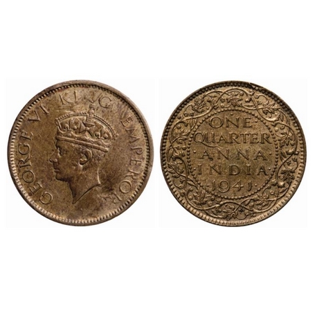 George VI, Bronze, Quarter Anna, 1941, Bombay Mint, Head Type II, Dot above 'N' of ONE. GK