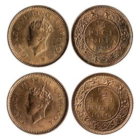 George VI, Bronze, ½ Pice (2 Coins), 1939, 1940, Calcutta Mint, Head Type I, No dot. GK 14