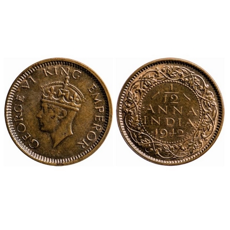George V, Bronze, 1/12 Anna, 1942, Bombay Mint, Head Type II, Dots by year. GK 1458. Almos