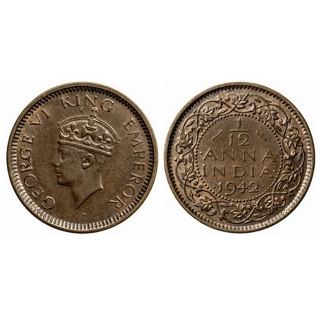 George VI, Bronze, 1/12 Anna, 1942, Bombay Mint, Type II, Dots by year. GK 1458. Uncircula