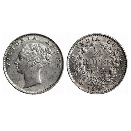 Victoria Queen, Silver, ¼ Rupee, 1840, Continuous legend, Calcutta Mint, A/I, Crescent on