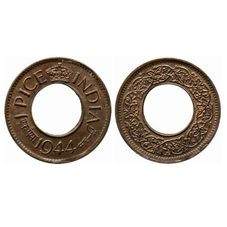 George VI, Bronze, 1 Pice, 1944, Calcutta Mint, High Crown, No mint mark, Die crack on Obv