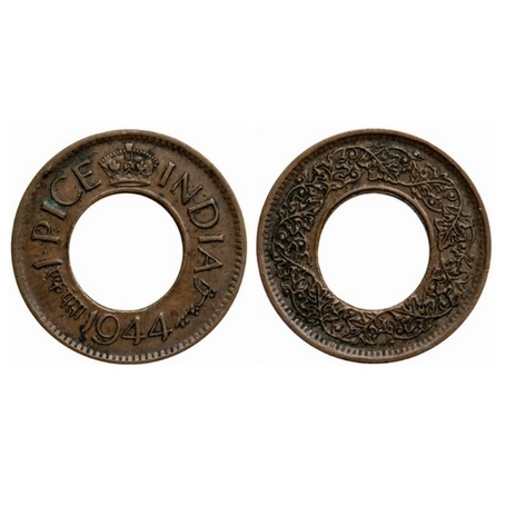 George VI, Bronze, 1 Pice, 1944, Calcutta Mint, High crown, No mint mark, Inner circle is 