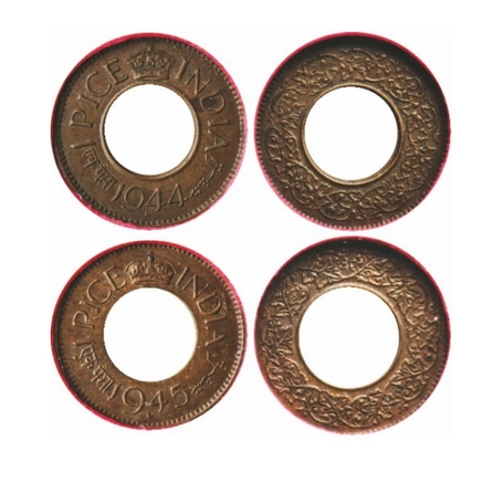 George VI, Bronze, 1 Pice (2 Coins), 1944, 1945, Lahore Mint, 1944 'L' raised, High crown,