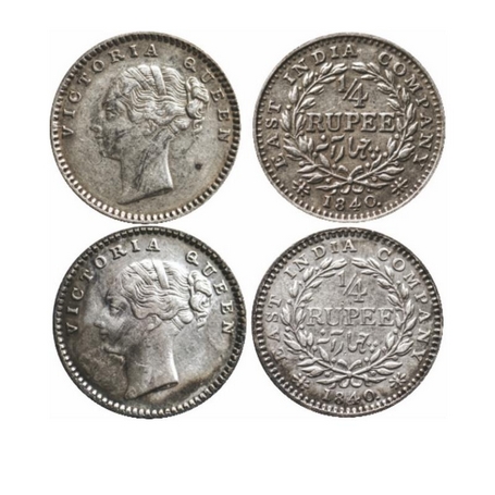 Victoria Queen, Silver, ¼ Rupee (2 Coins), 1840, Continuous Legend, Madras Mint, S incused