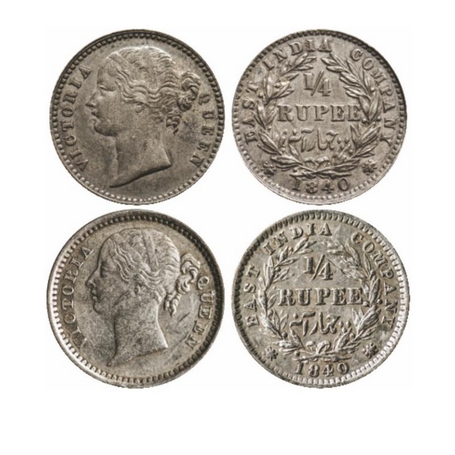 Victoria Queen, Silver, ¼ Rupee (2 Coins), 1840, Divided legend, 1) Calcutta Mint, W.W. Ra