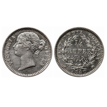 Victoria Queen, Silver, ¼ Rupee, 1840, Divided Legend, Madras Mint, W.W. 'S' raised, 10 Be