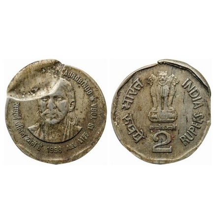 2 Rupees, 1988, Copper-Nickel, 5.68gm, Calcutta Mint, Sri Aurobindo, Error, Indent Error. 