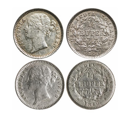 Victoria Queen, Silver, ¼ Rupee (2 Coins), 1840, 1) Madras Mint, W.W. S raised, 10 Berries