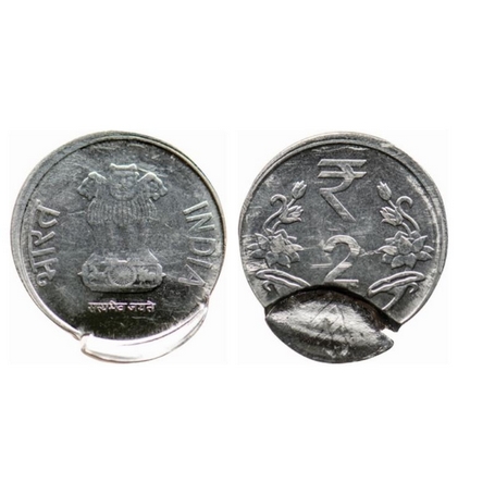2 Rupees, 2011-2017, Steel, 4.96gm, Error, Partial brockage. About Uncirculated, Scarce.