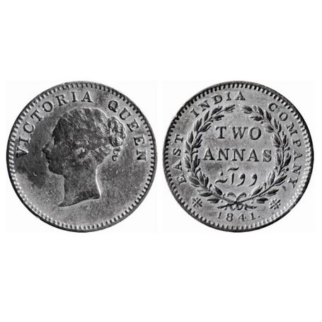 Victoria Queen, Silver, 2 Annas, 1841, Continuous Legend, Calcutta Mint, Plain edge, A(a)/