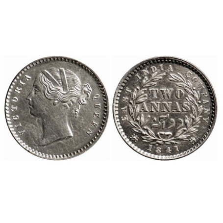 Victoria Queen, Silver, 2 Annas, 1841, Divided Legend, Calcutta Mint, W.W. raised, 9 Berri