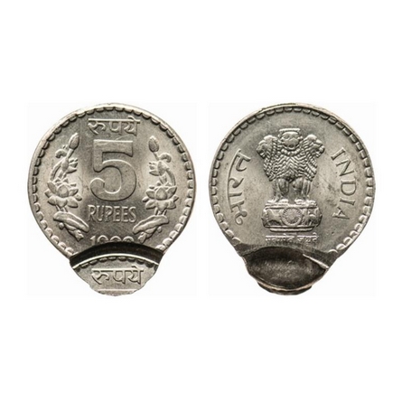 5 Rupees, 1992-2004, Copper-Nickel, 9.60gm, Error, Double struck. About Uncirculated. Scar