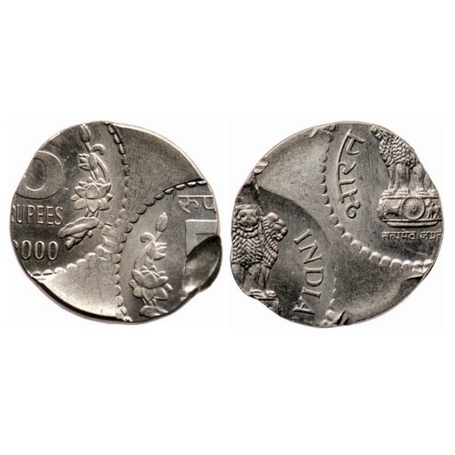 5 Rupees, 2000, Copper-Nickel, 8.89gm, Calcutta Mint, Error, Double struck, Off center wit