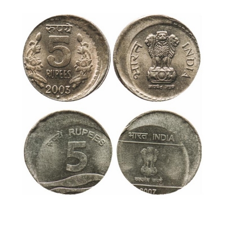 5 Rupees, 2003-2007, (2 Coins), 1) Copper-Nickel, 9.02gm, 2003, Hyderabad Mint, Error, 10%