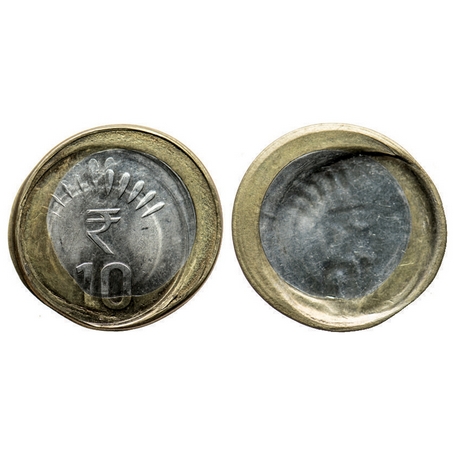 10 Rupees, 2011-2017 Bimetal, 7.82gm, Error, Broad Struck, inner circle off center, Mechan