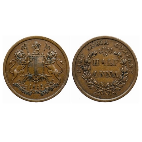 Victoria Queen, EIC Issue, Copper, ½ Anna, 1845, Calcutta Mint, Obv. A, 19 Berries (10 L +