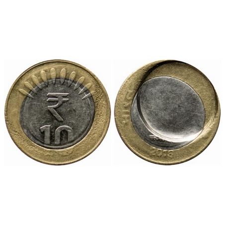 10 Rupees, 2016, Bimetal, 7.77gm, Kolkata Mint, Error, Indent error. Extremely Fine, Scarc