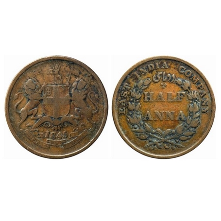 Victoria Queen, EIC Issue, Copper, ½ Anna, 1845, Calcutta Mint, Obv B, cross bar of Numera