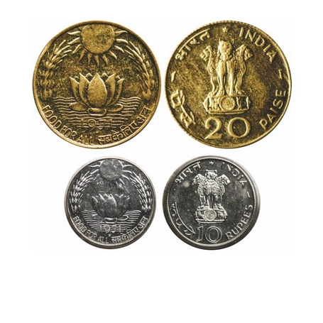 1971, Proof, 2 loose Coins, 80% Silver, Brass, 10 Rupees and 20 Paise(unc), Food For All, 