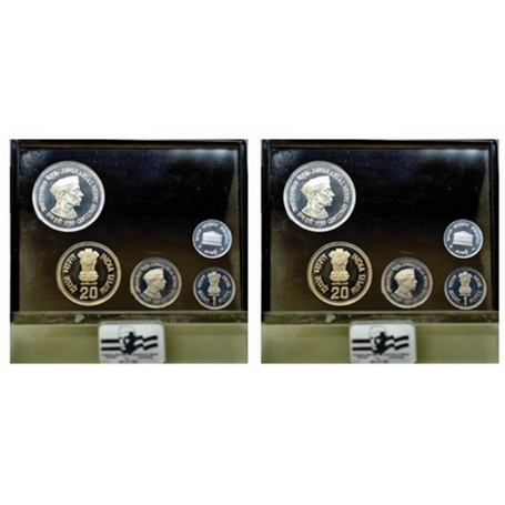 1989, Proof Set of 4 coins, Half Silver & Copper Nickel, 100, 20, 5, 1 Rupees, Jawaharlal 