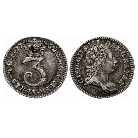 Great Britain, Silver (0.9250 silver), 1.50gm, 3 Pence, 1762, George III. KM 591. Extremel