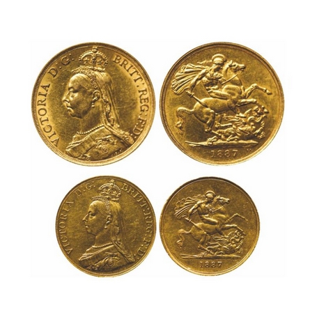 Great Britain, Gold (0.9170 gold), (2 Coins), 1887, Ruler Victoria Queen, 5 Pounds 39.80gm