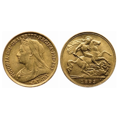 Great Britain, Gold (0.917 gold) 1/2 Sovereign, 3.99gm, 1893, Obv: Elizabeth II head facin